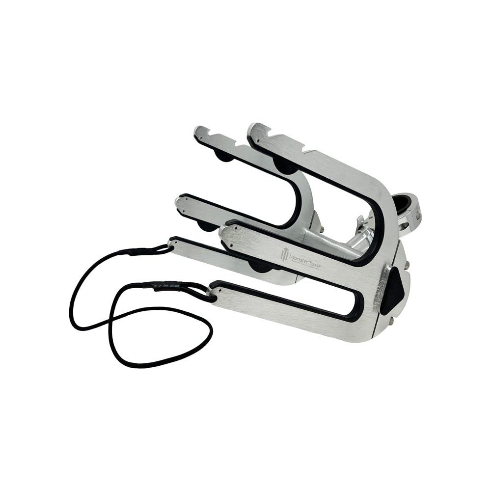 Monster Tower Wakeboard Wakesurf Rack with Retractable Mount - Quick Release, Universal Fit, 360 Rotation, Rubber Bumper, Shock Cord  Brushed Anodized Silver Finish